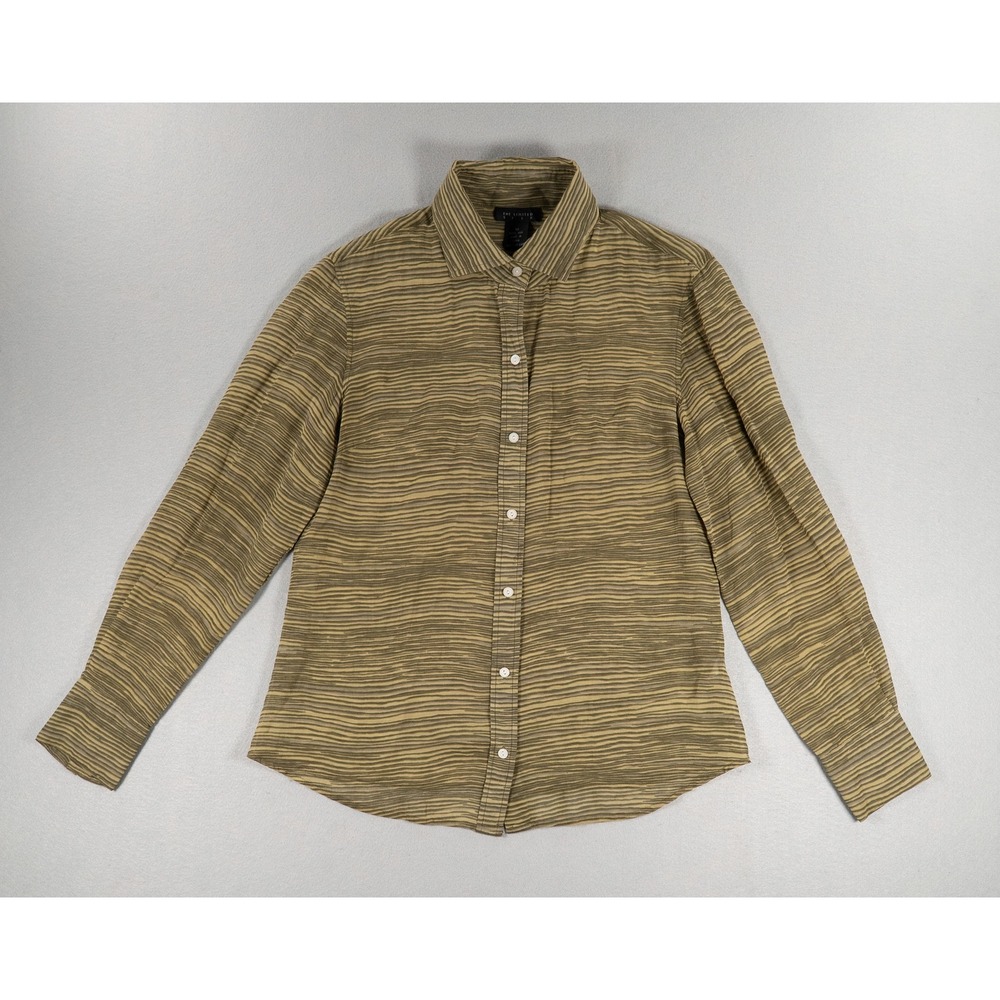 The Limited Silk Blouse Womens Medium Olive Green Wavy Stripe Button Down Shirt